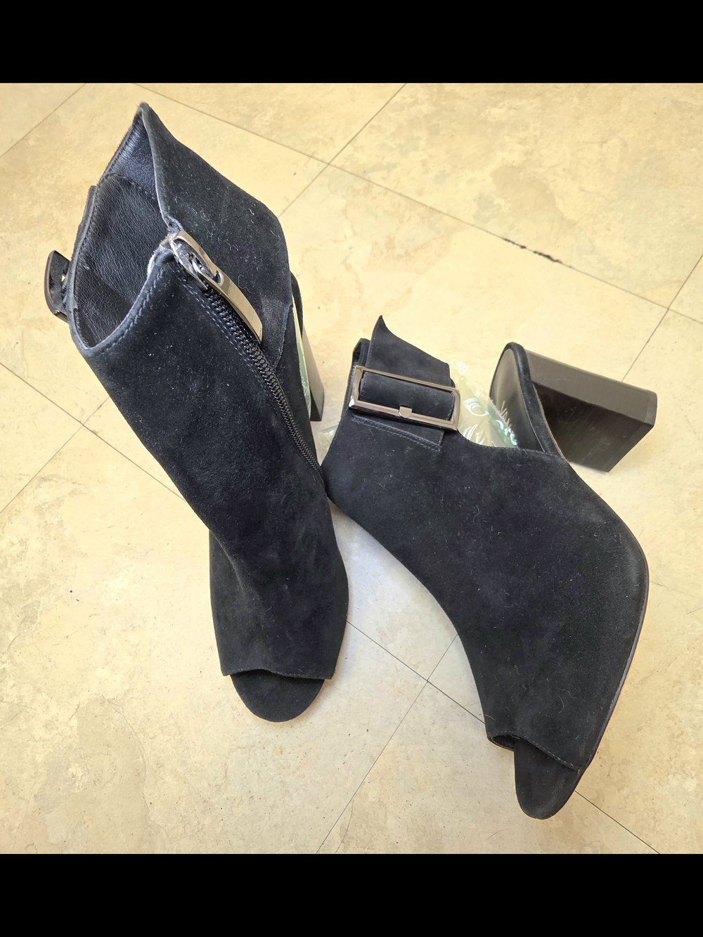 Vaneli Black Suede Open-Toe Block Heel Ankle Shoties